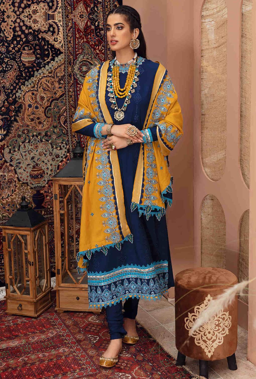 D7 - Berry  - Blue | Noor | Winter Embroidered Shawl Collection 2021