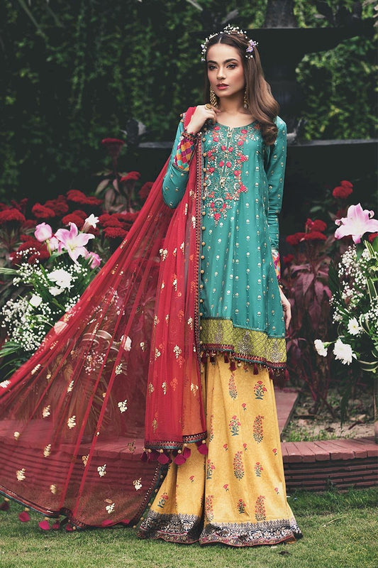 CST-208-Deep Feroza and Mustard | MARIA B | Unstitched Sateen Collection