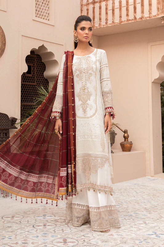 EL-21-01-Ivory White and Maroon | Maria B Eid Lawn Collection 2021