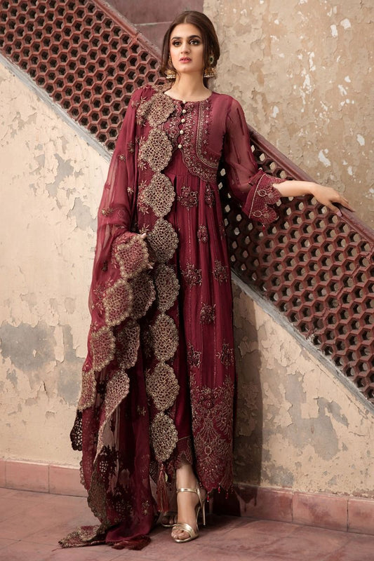 2349 Garnet Stripe | Motifz | Rang-e-Bahar | Luxury Embroidered Crinkle Chiffon'20